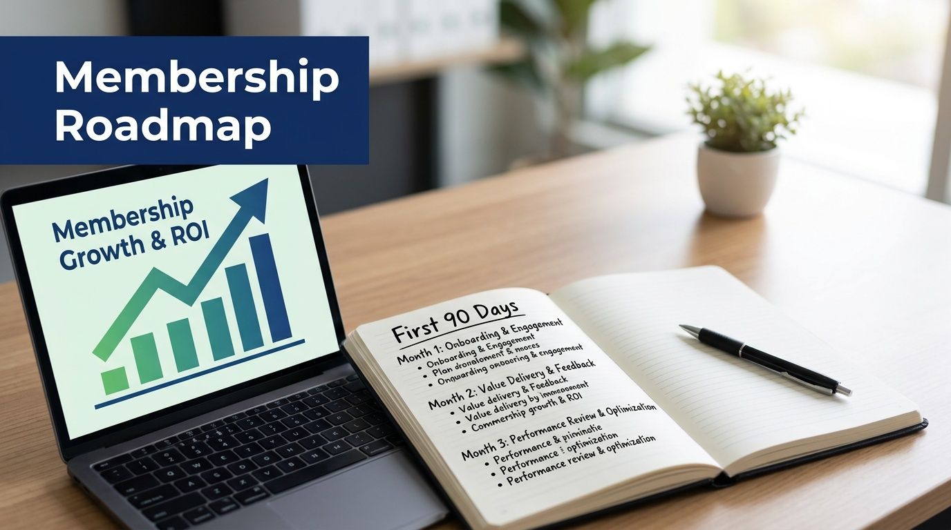A laptop and open notebook on a wooden desk showing a membership growth and ROI roadmap.