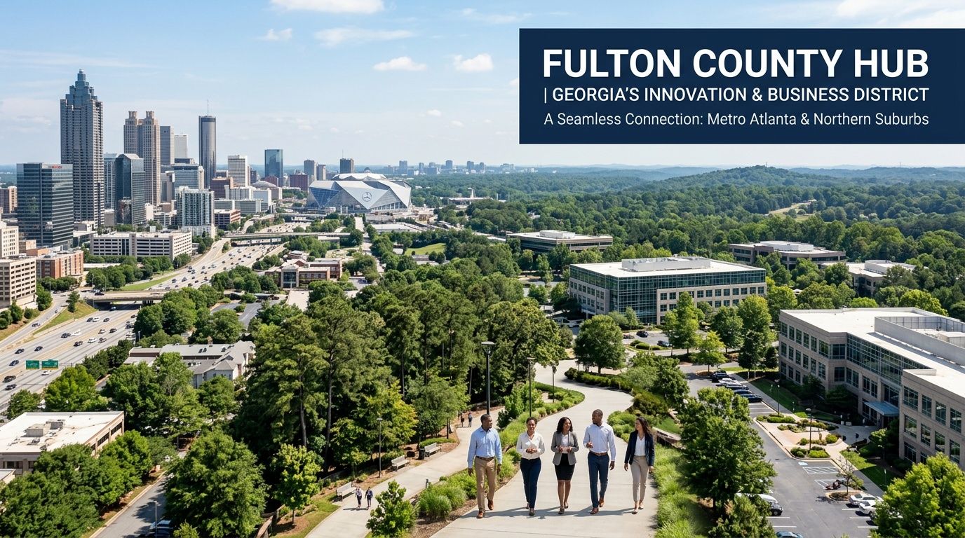 Panoramic view of Fulton County Hub, Atlanta skyline, Mercedes-Benz Stadium, and modern business park with people.