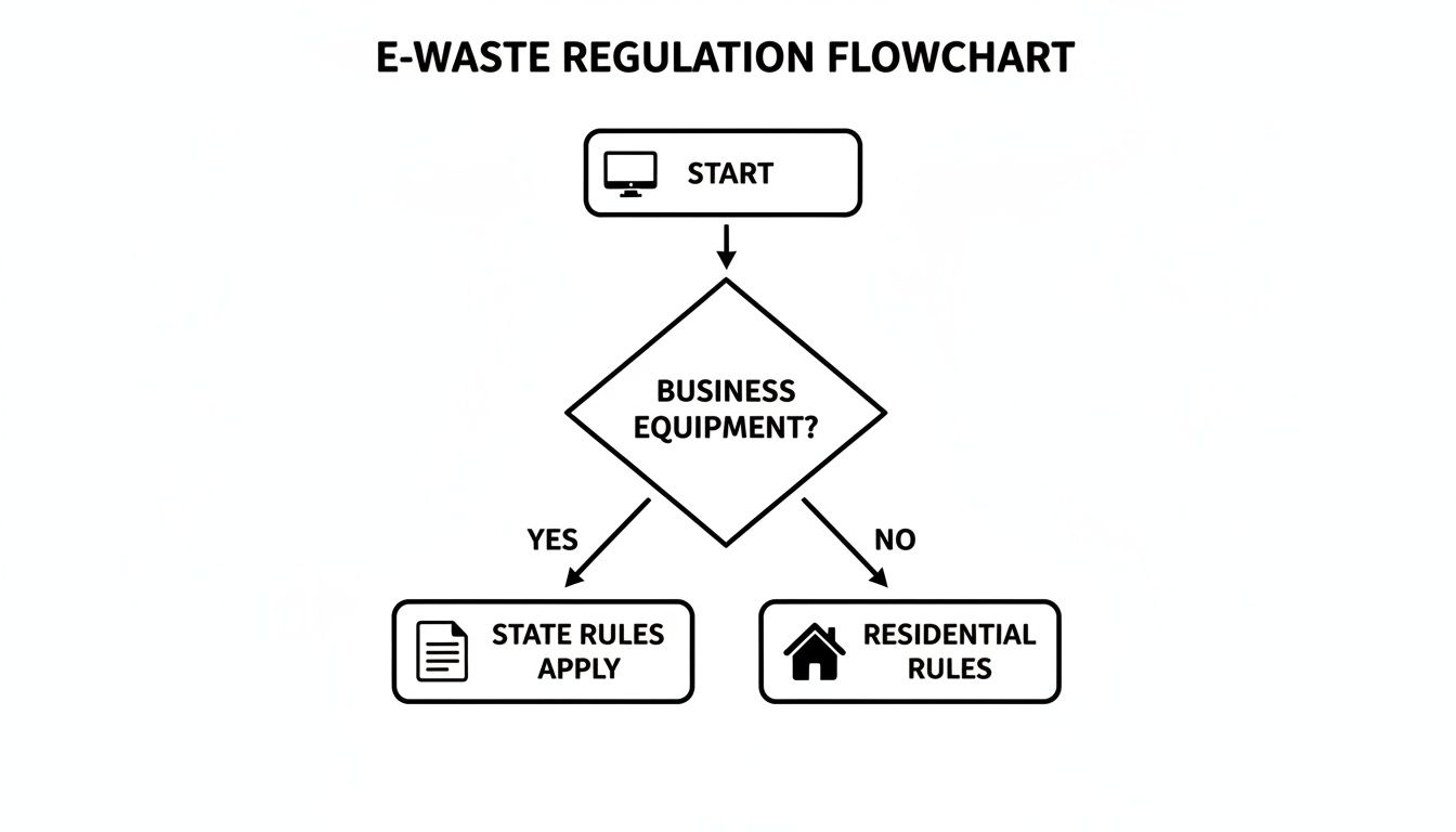 Flowchart detailing e-waste regulation rules, showing different paths for business equipment and residential use.