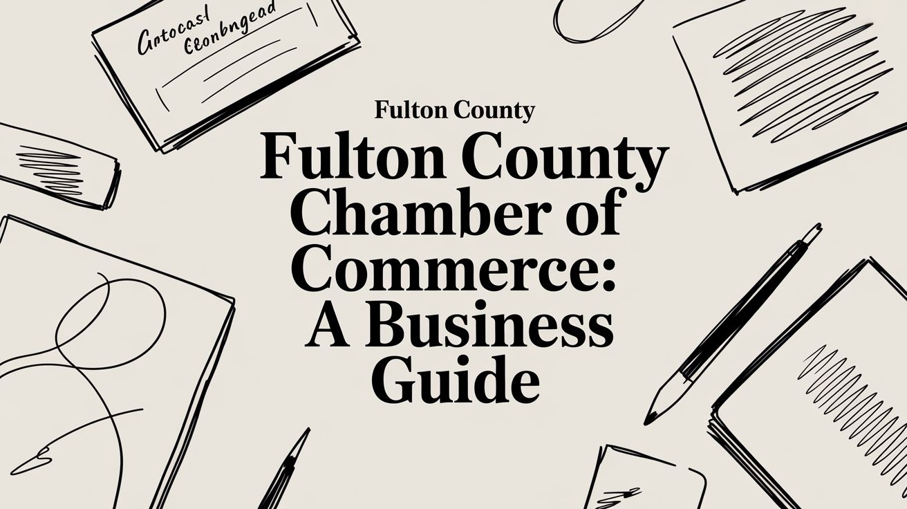 Cover image for a business guide: 'Fulton County Chamber of Commerce: A Business Guide' with hand-drawn office tools like papers, pens, and notebooks around the edges.
