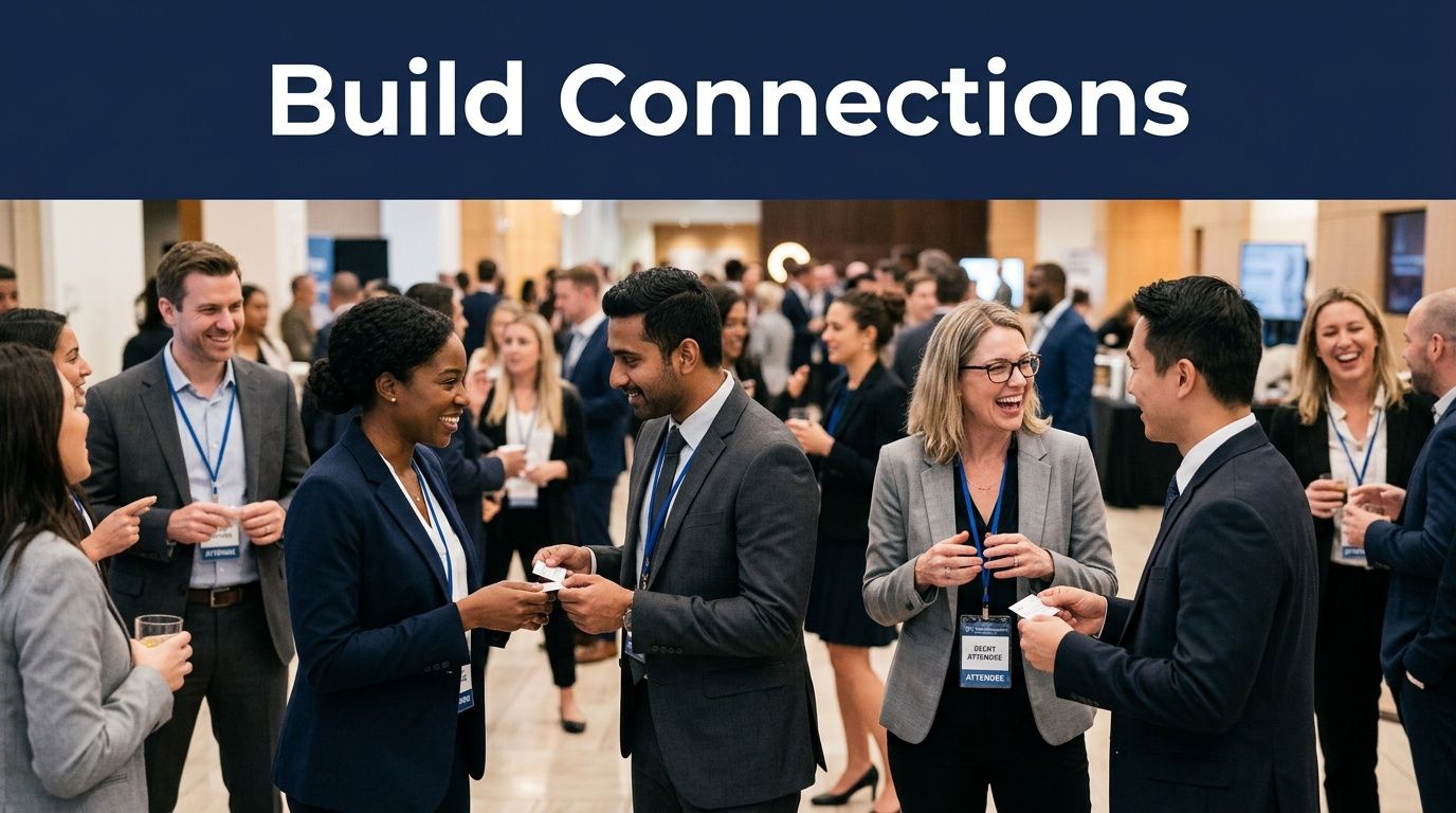 A diverse group of professionals exchanging business cards and networking at a formal business conference event.
