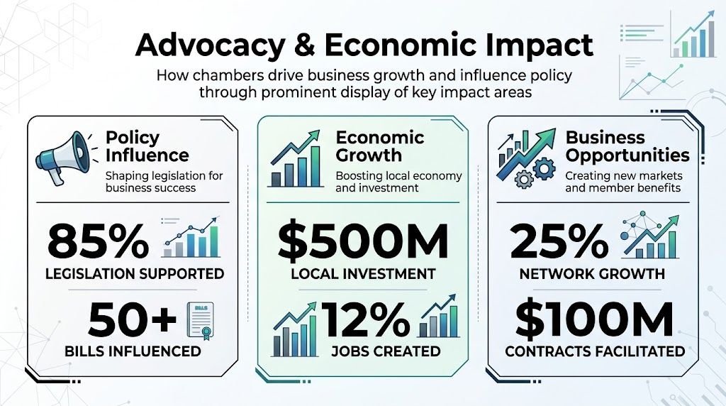 An infographic illustrating how chambers of commerce drive economic growth and influence public policy for businesses.