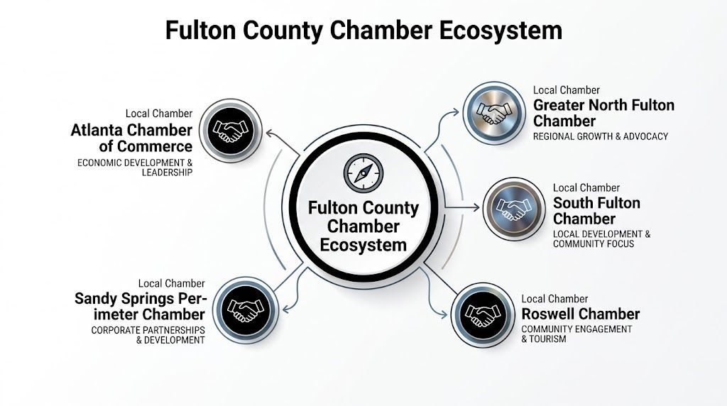 A diagram illustrating the interconnected Fulton County Chamber of Commerce ecosystem, showcasing various local chamber organizational partnerships.