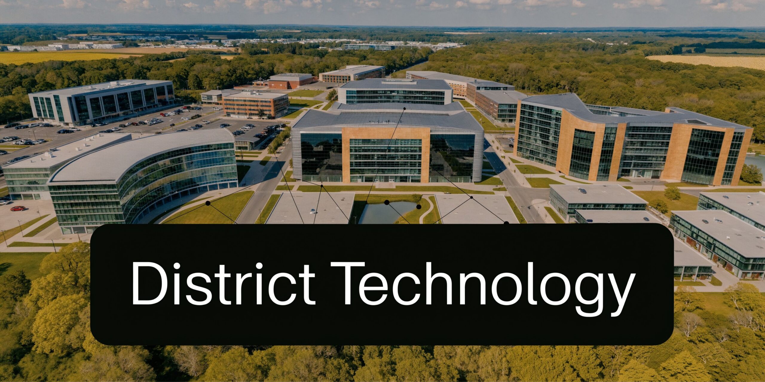 An aerial view of a large modern office campus complex with multiple buildings in a suburban setting.