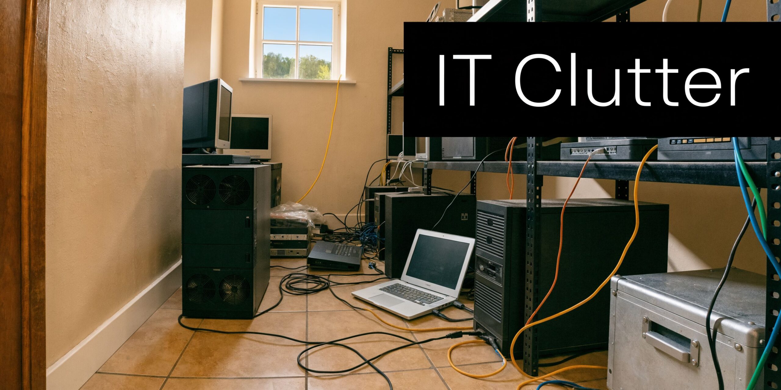 A cluttered IT room with multiple server towers, scattered cables, laptop computers, and hardware on shelves.