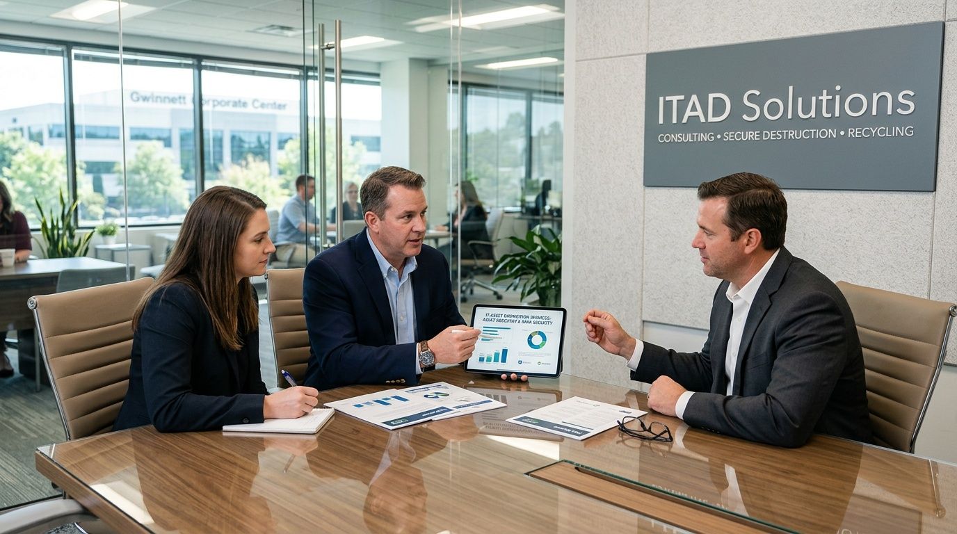 A professional business meeting held in an office at Gwinnett Corporate Center with three colleagues reviewing data.