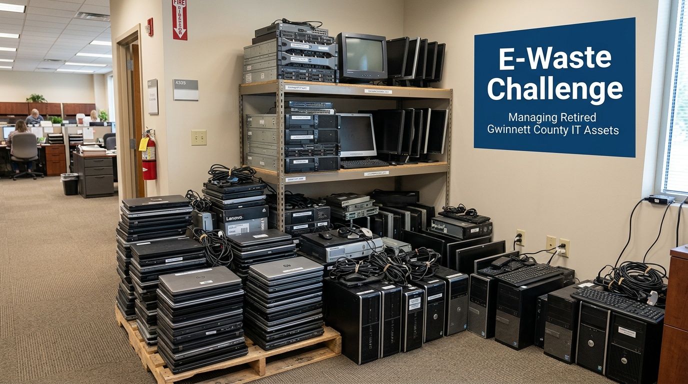 A large pile of retired computer equipment and IT hardware stored in a Gwinnett County office.