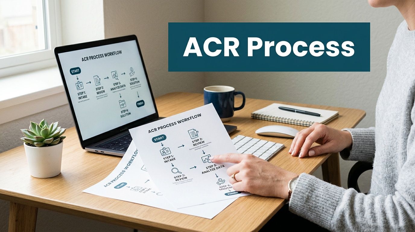 A person reviewing an ACR process workflow document at a wooden desk with a laptop and coffee.