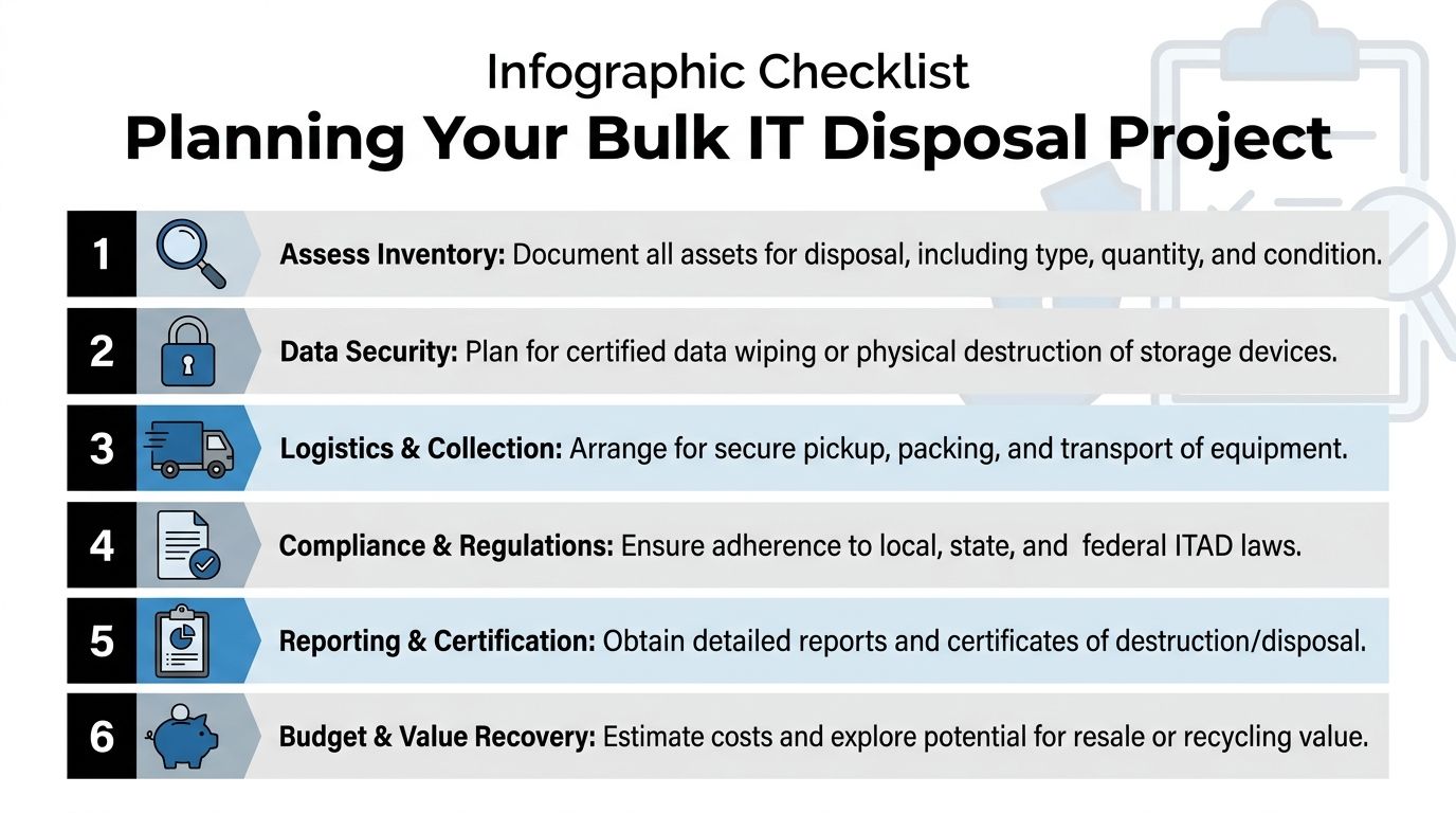 A six-step infographic checklist for planning a bulk IT asset disposal and recycling project successfully.