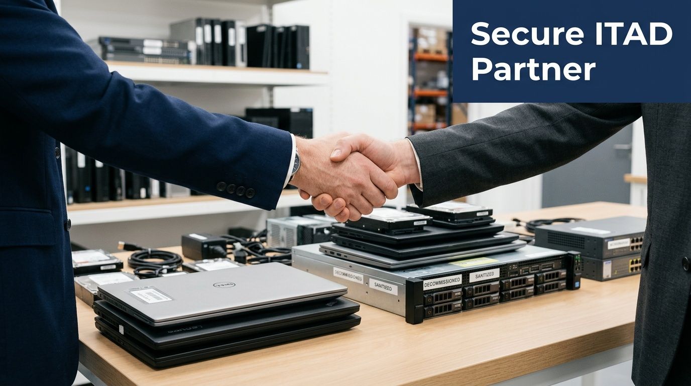 Two professionals in suits shaking hands over a table filled with decommissioned and sanitized IT equipment.