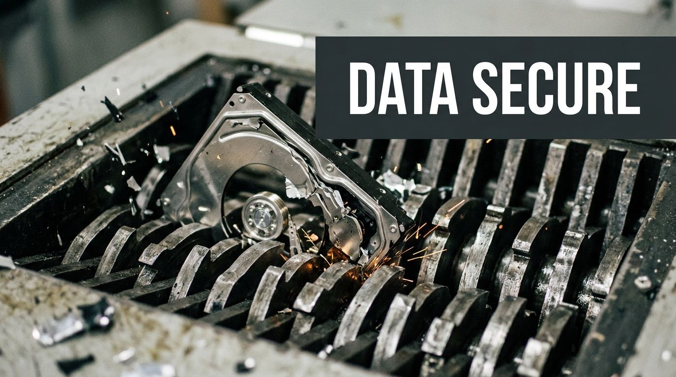 A mechanical shredder destroying a computer hard drive to ensure complete data security and permanent destruction.