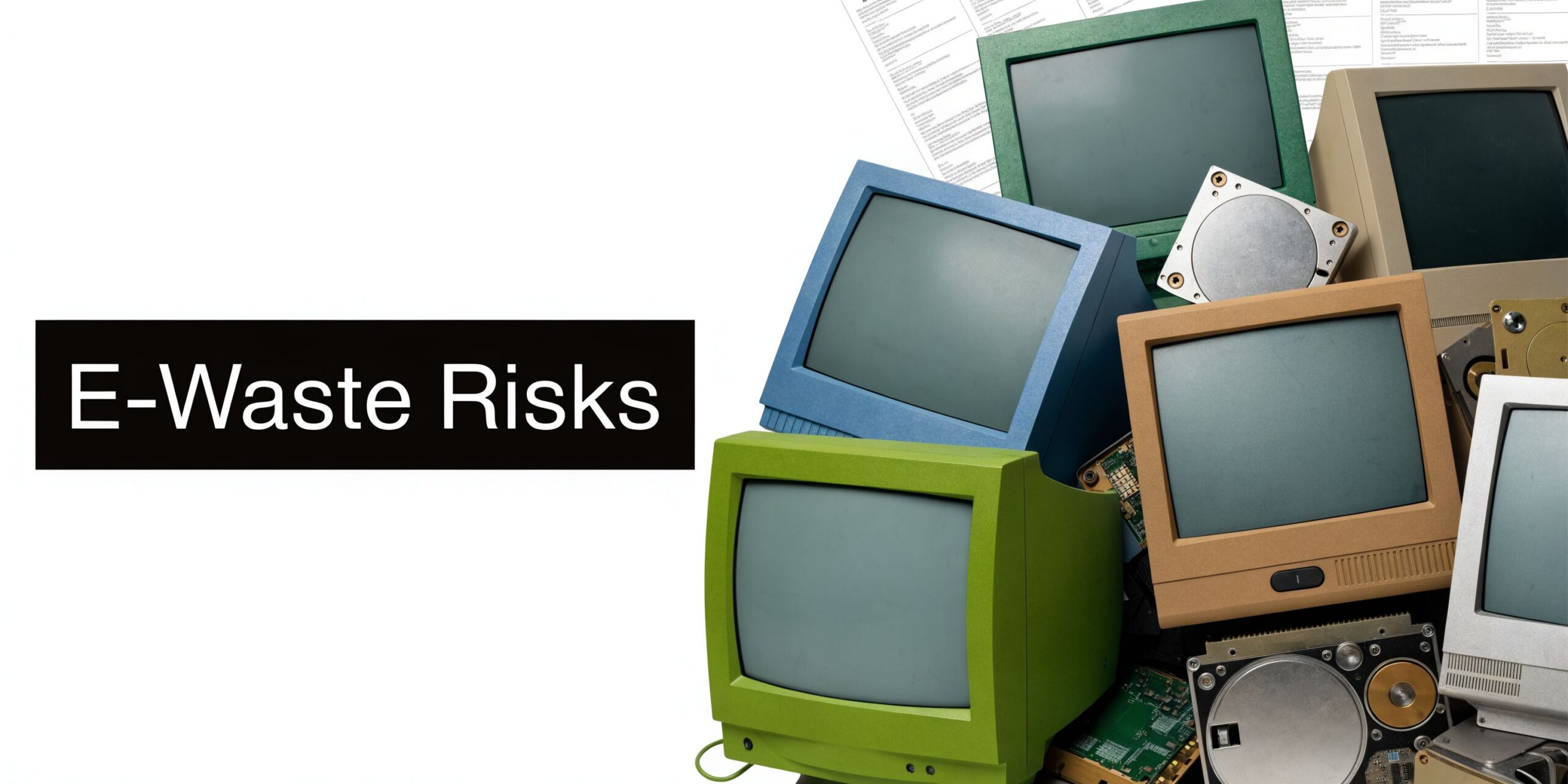 A pile of discarded vintage computer monitors and electronic equipment against a white background with text E-Waste Risks.