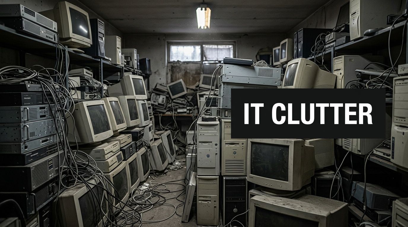 A cluttered room filled with stacks of old, discarded computer towers, CRT monitors, and tangled electrical cables.