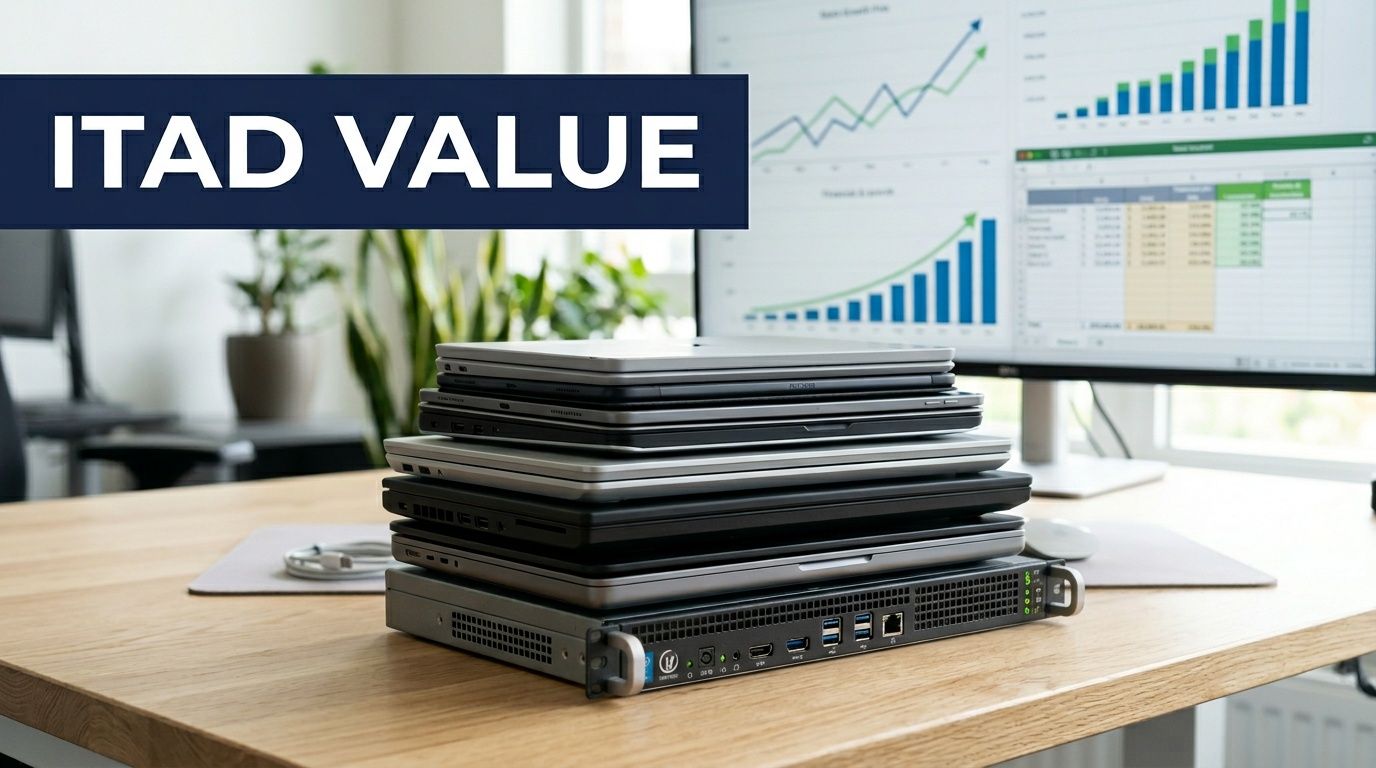 A stack of laptops and a server unit sitting on a wooden office desk in front of monitors.