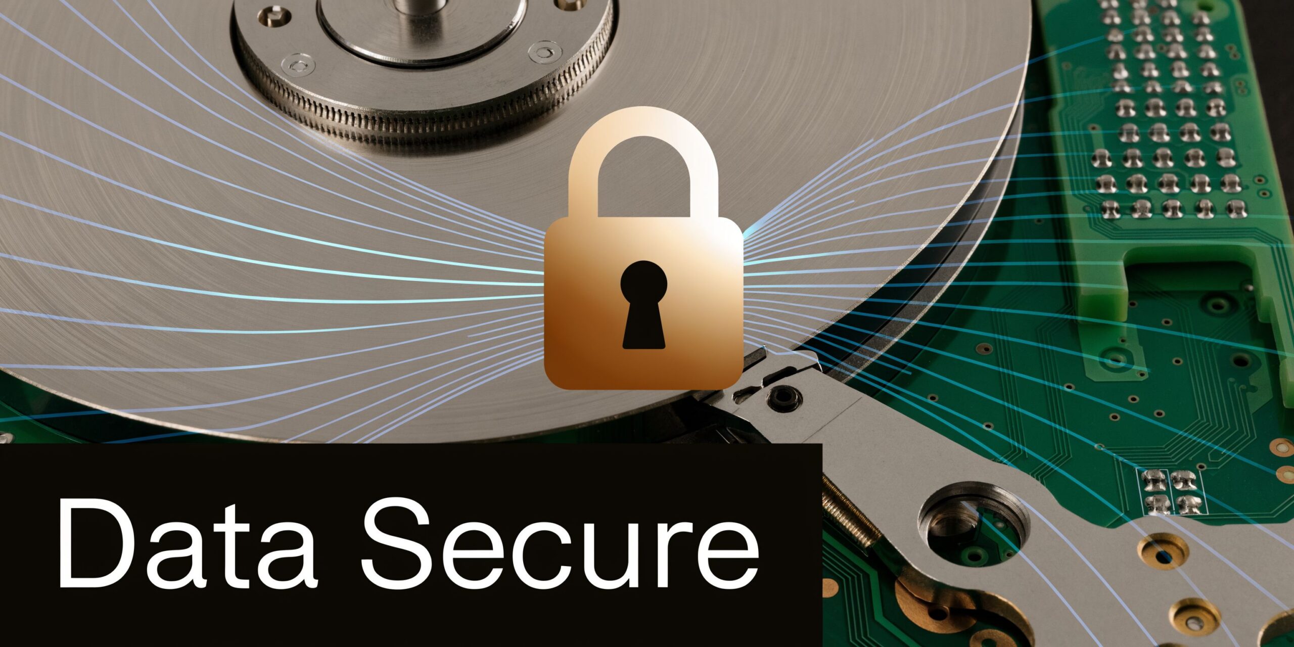 A conceptual image showing a computer hard drive platter with a golden padlock overlay symbolizing data security.