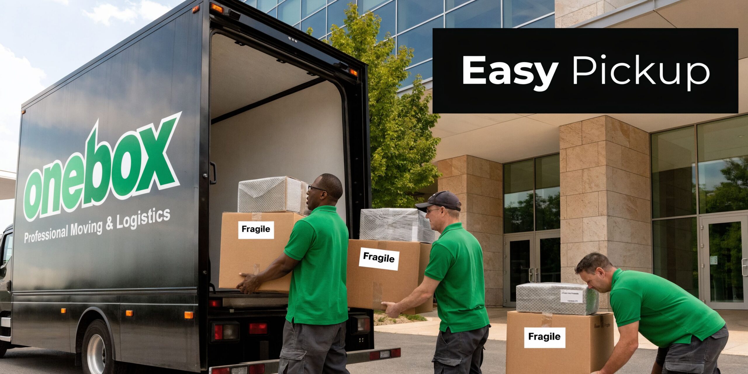 Three professional movers in green uniforms loading boxes into a large black moving truck during pickup.