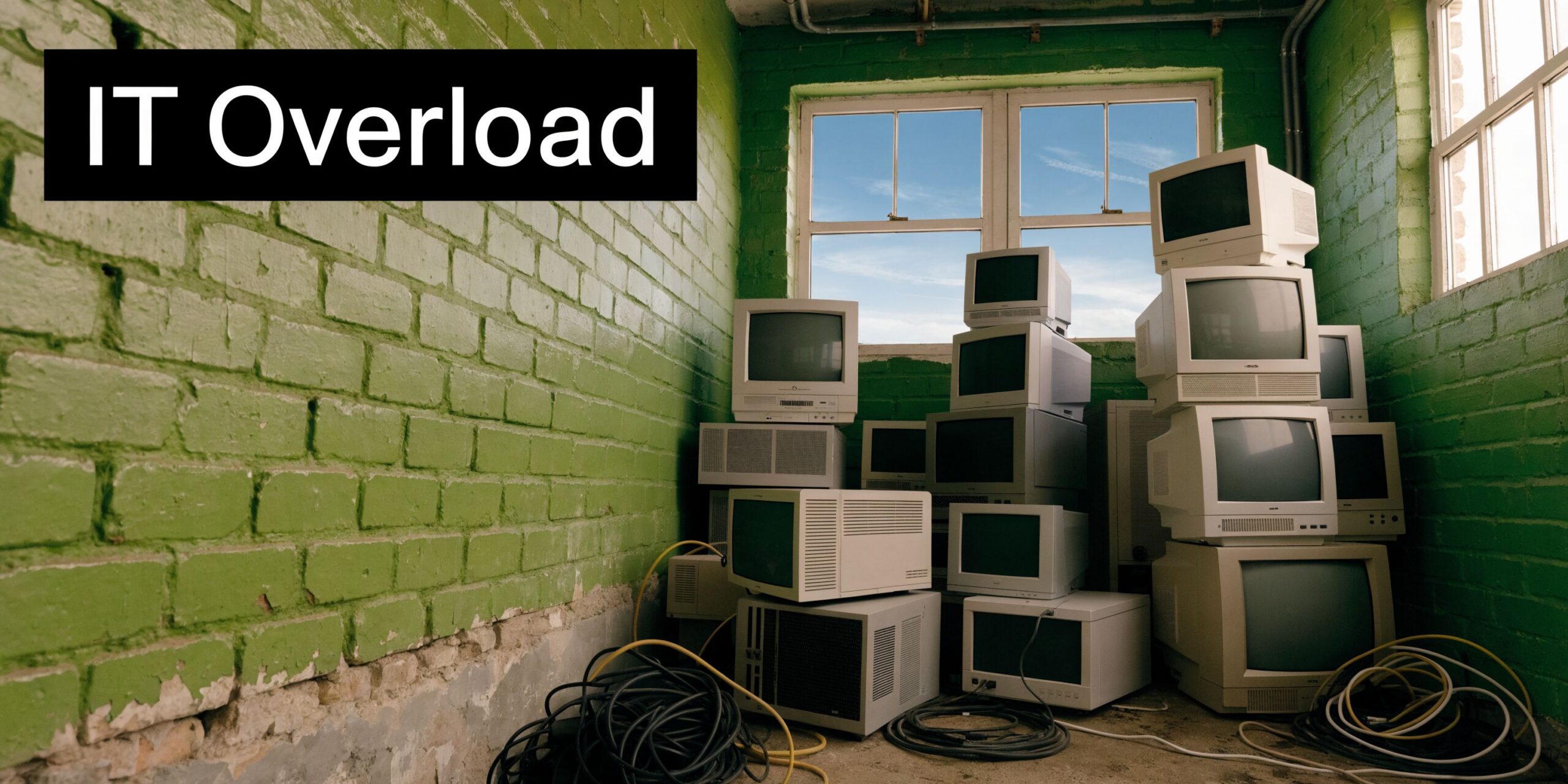 A pile of old, abandoned vintage computer monitors stacked in a room with green brick walls.