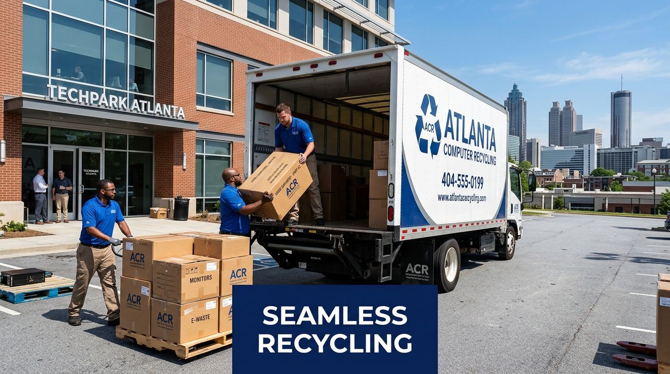 Two employees from Atlanta Computer Recycling loading boxes into a delivery truck outside Techpark Atlanta facility.