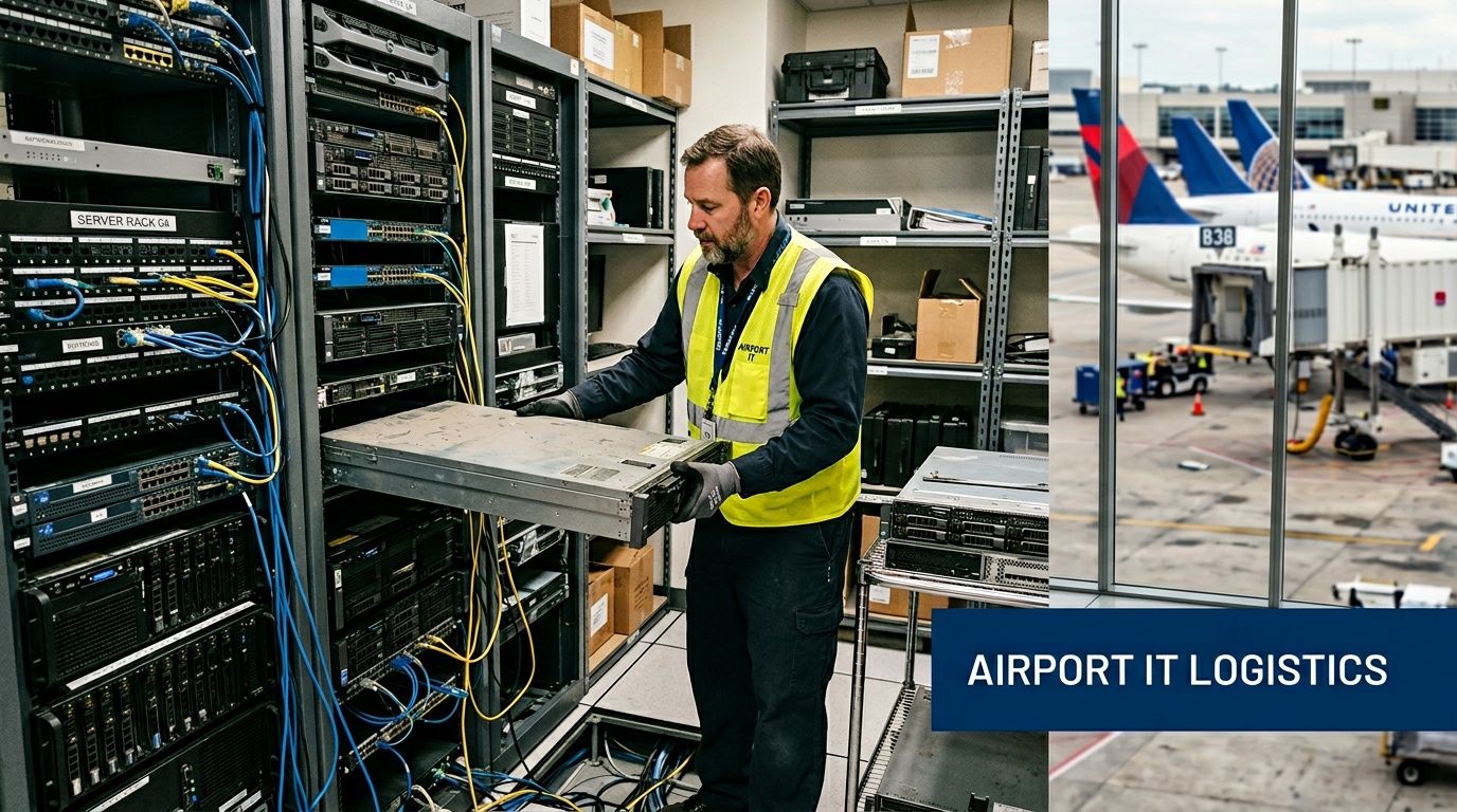 A technician installs server hardware in an airport IT server room with airplanes visible through windows.