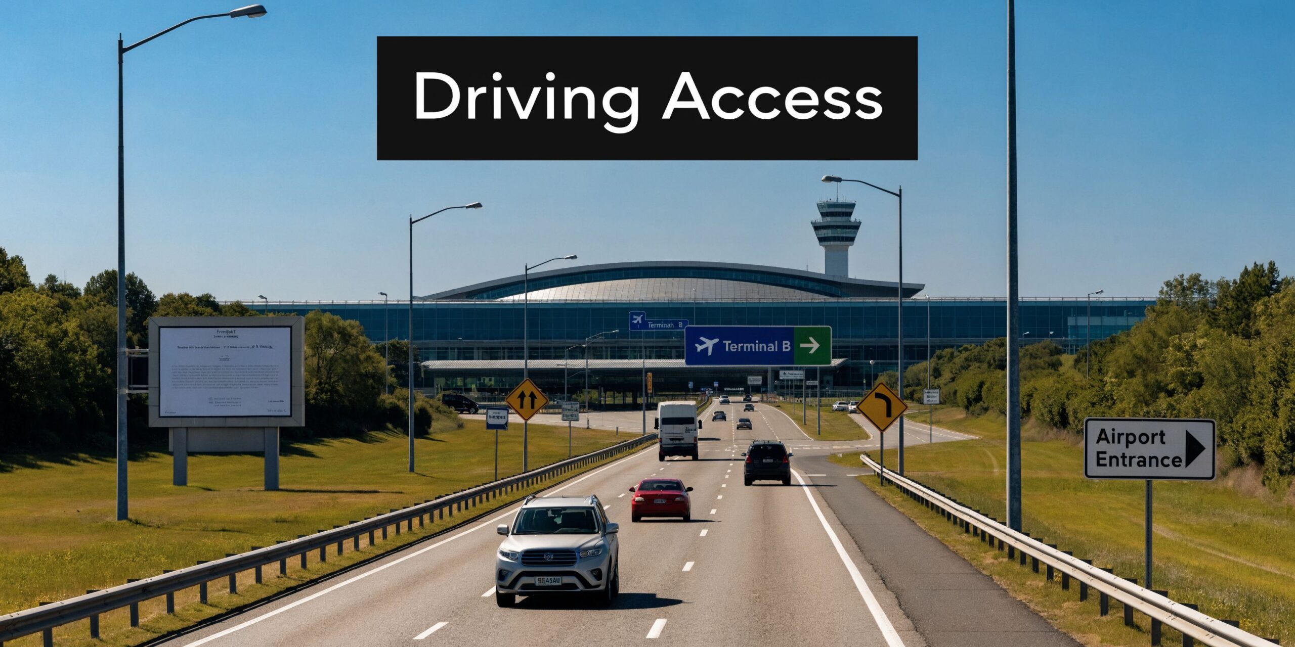 A view of the driving access highway leading to the modern Hartsfield-Jackson Atlanta International Airport terminal building.