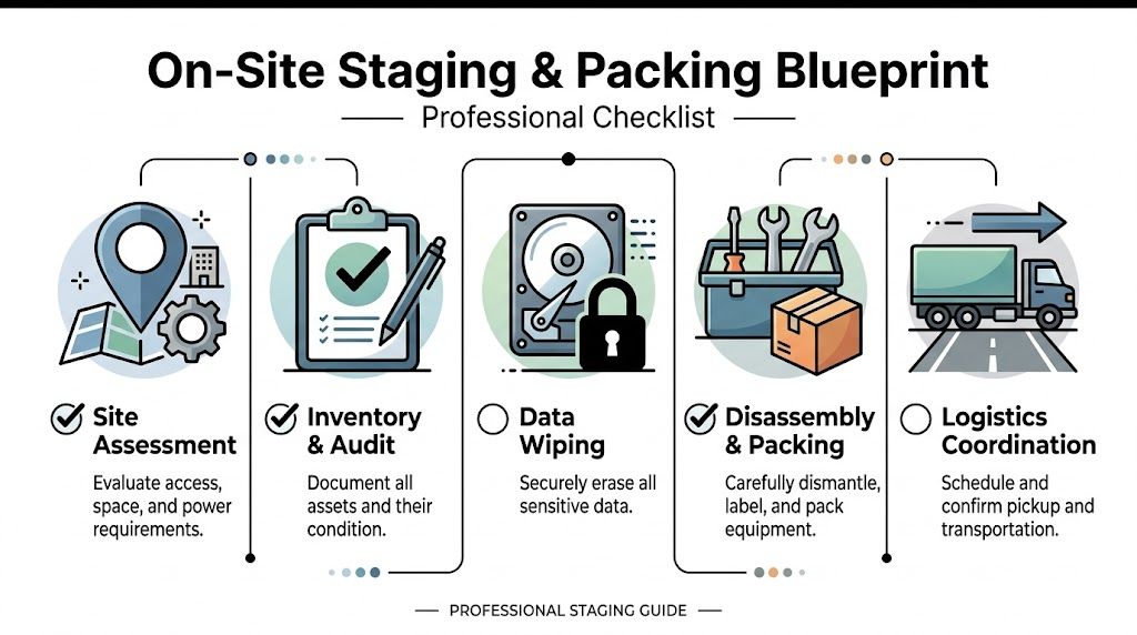A professional five-step checklist for on-site staging and packing equipment, showing tasks from assessment to logistics.