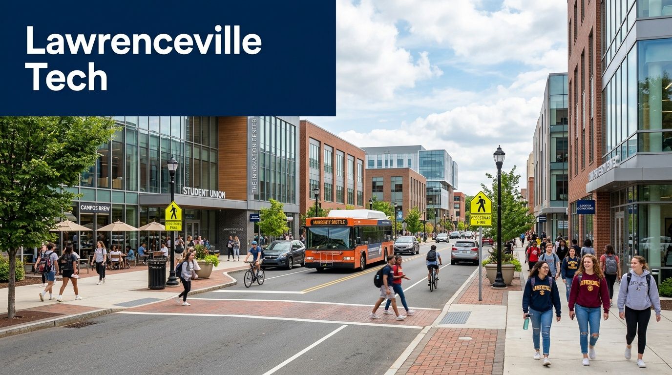 A bustling street scene on the Lawrenceville Tech campus featuring a bus, students walking, and modern architecture.