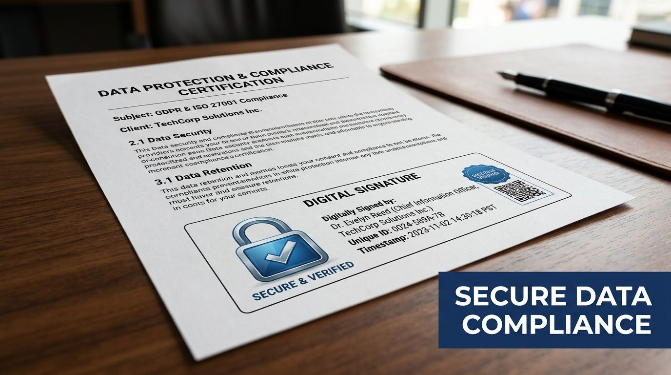 A professional document on a wooden desk showing data protection and compliance certification with digital signature.