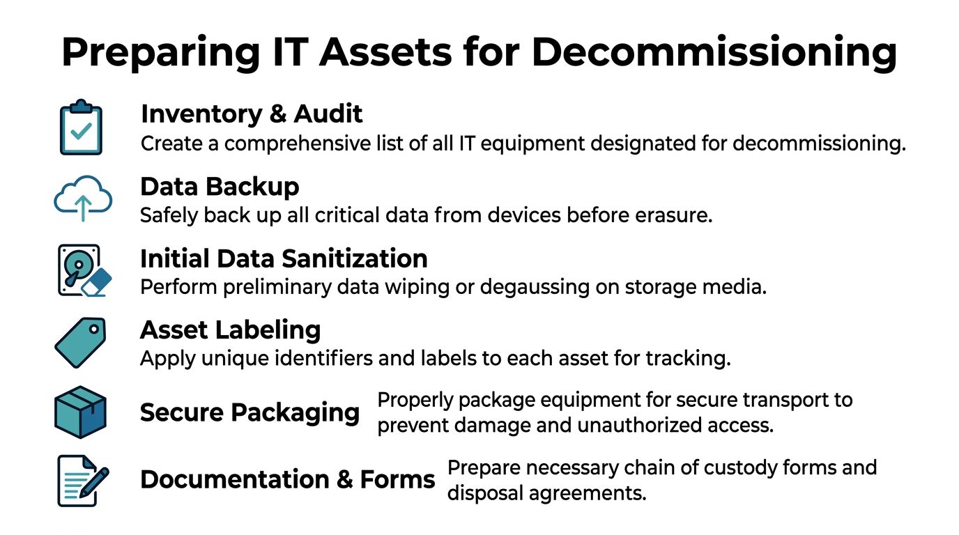 A checklist infographic illustrating the six key steps for properly preparing IT assets for secure decommissioning.