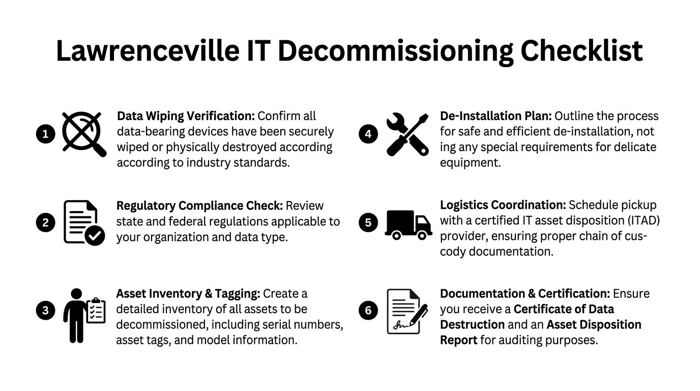 A checklist infographic titled Lawrenceville IT Decommissioning Checklist with six numbered steps for disposing of IT assets.