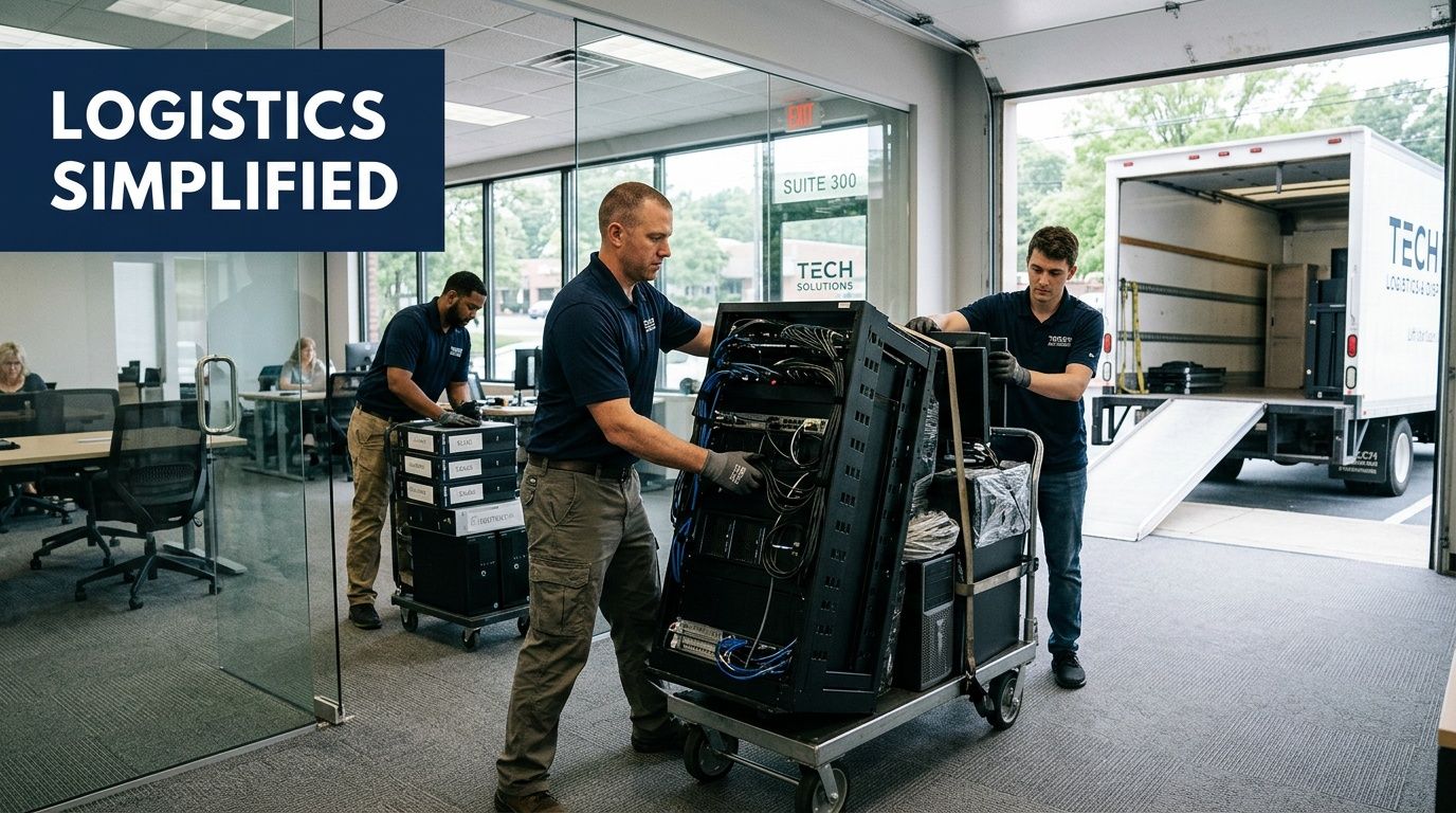 Professional moving team loading server racks and office equipment onto a truck for an office relocation project.