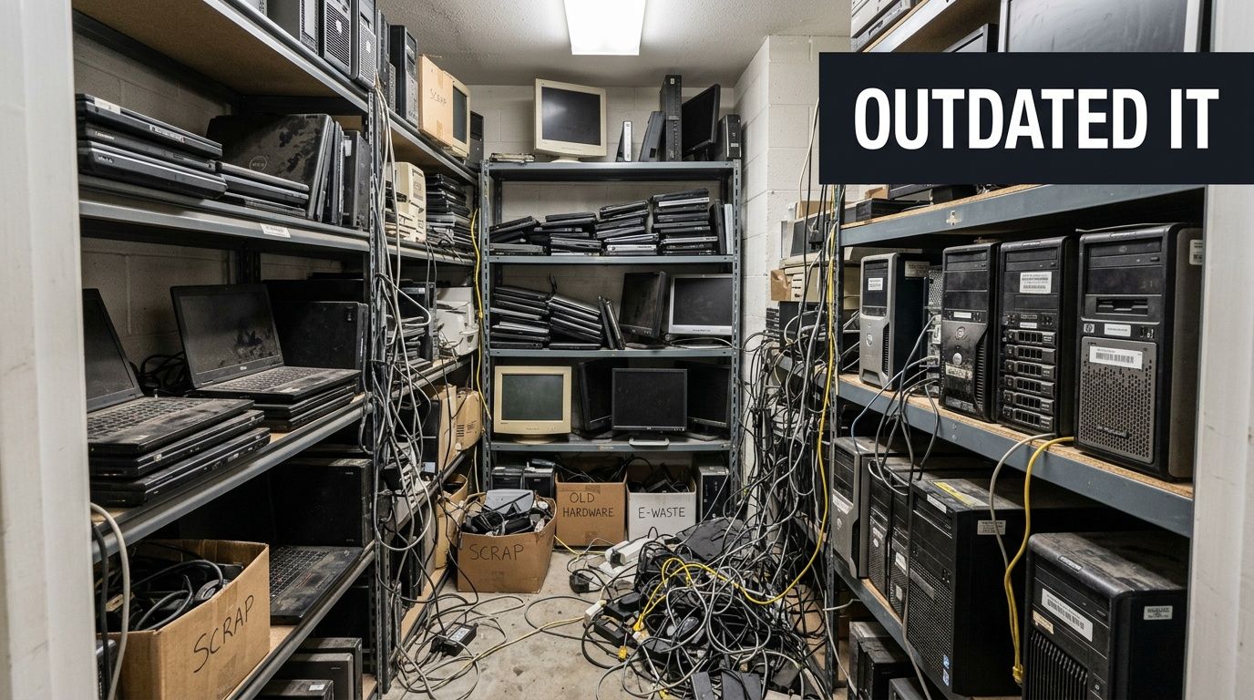 A storage room filled with stacks of outdated computer hardware, desktop towers, monitors, and tangled cables.