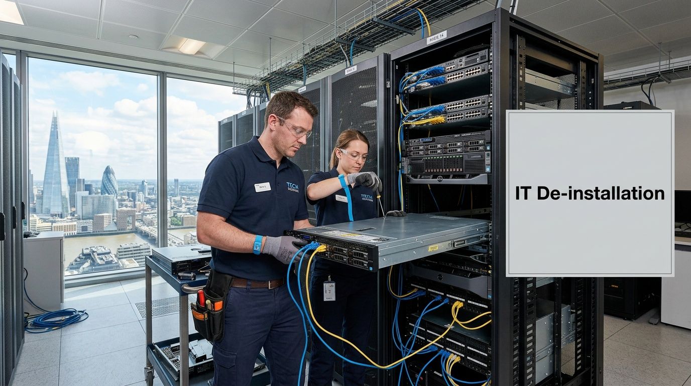 Two technicians working on server rack de-installation inside a modern office with a London skyline view.