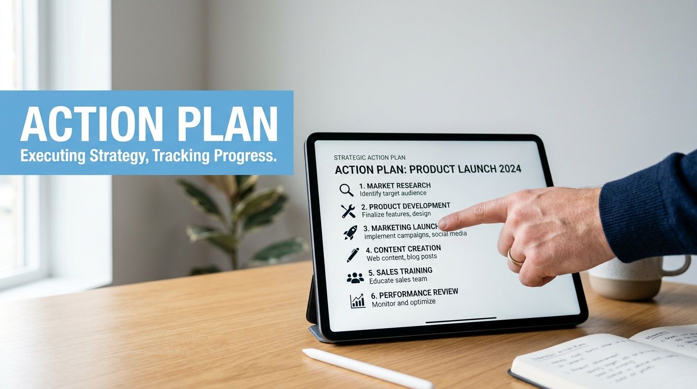 A person pointing to a tablet screen displaying a professional product launch action plan strategy.