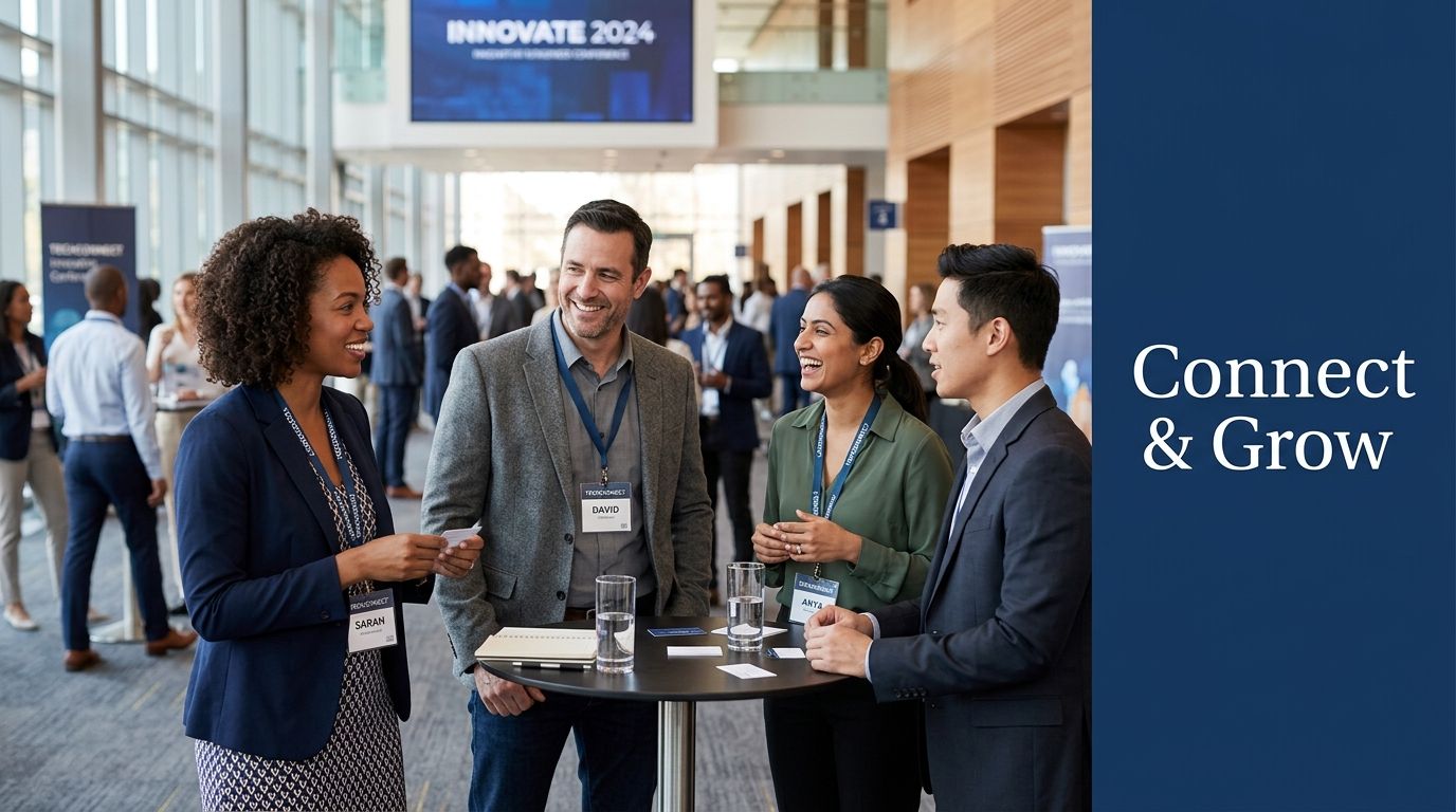 A diverse group of professionals networking and smiling at a business conference in a modern office lobby.