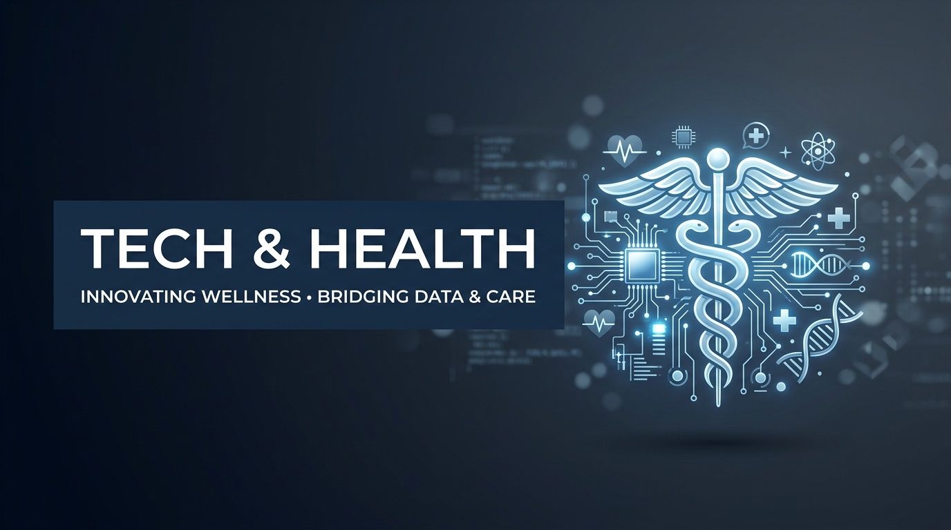 A digital graphic depicting a stylized medical caduceus symbol integrated with circuit board patterns and data elements.