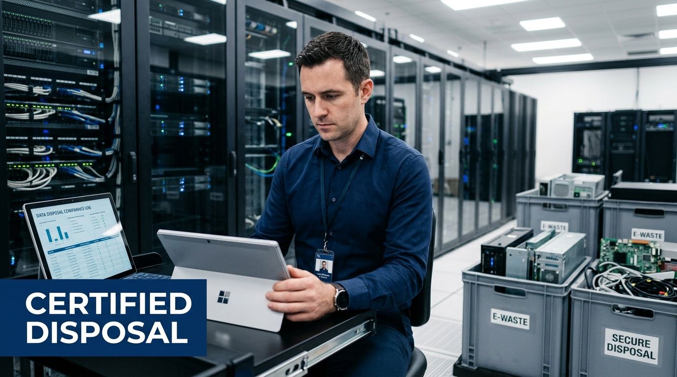 A professional technician managing secure IT asset disposal data in a modern, secure server room environment.