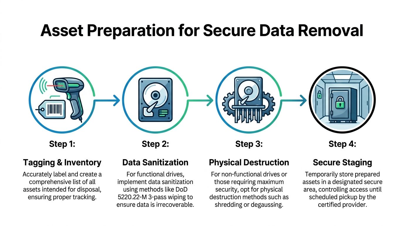 A four-step infographic illustrating the professional asset preparation process for secure e-waste data removal and disposal.