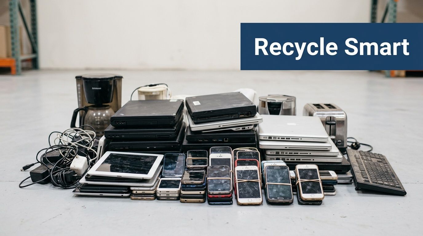 A pile of discarded electronic waste, including old laptops, tablets, smartphones, and small appliances on a warehouse floor.