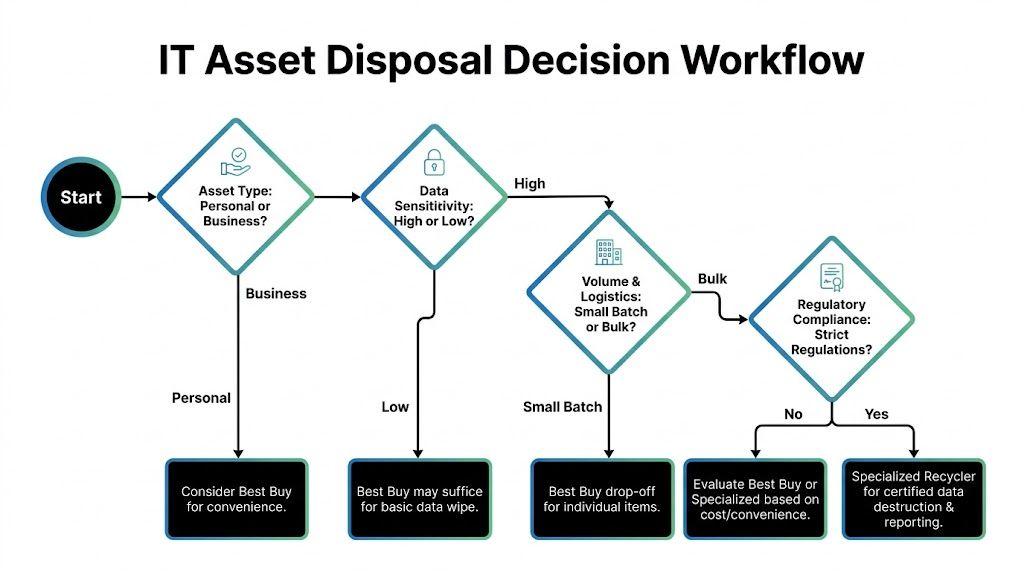 A flowchart titled IT Asset Disposal Decision Workflow for choosing between Best Buy or specialized recycling services.