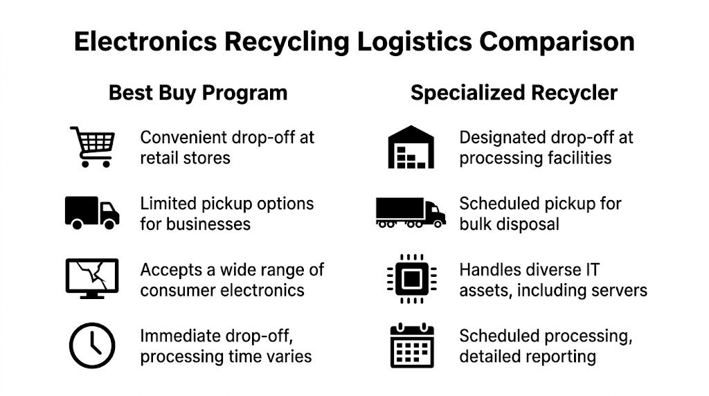 A comparison chart outlining the logistics differences between Best Buy and specialized electronic recycling programs.
