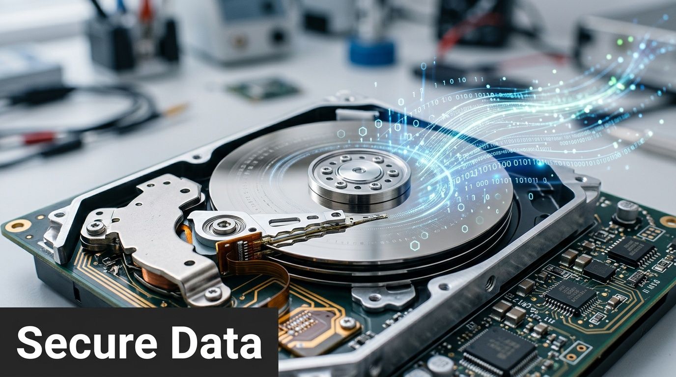 An open hard drive with digital data visualization, symbolizing secure data storage and information technology concepts.