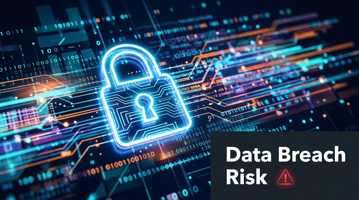 A digital padlock symbol glows over a background of binary code, representing cyber security and data breach risks.