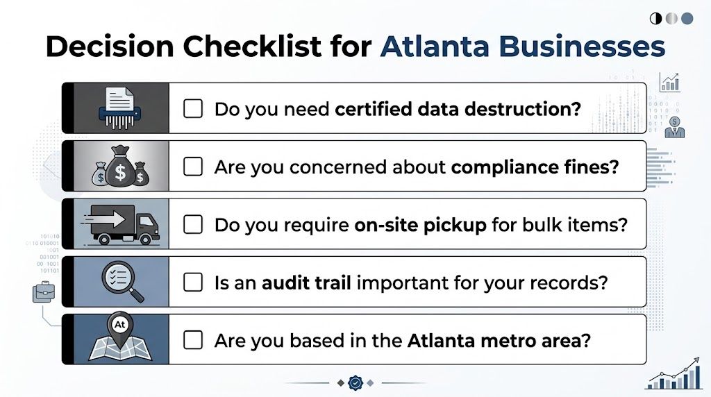 A decision checklist graphic for Atlanta businesses regarding certified data destruction, compliance, and recycling services.