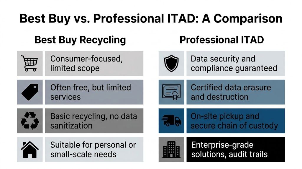 A comparison chart showing differences between Best Buy recycling services and professional ITAD solutions for electronics.