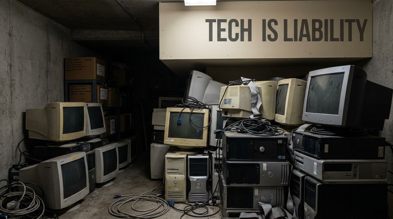 A dim storage room filled with piles of discarded vintage computer monitors and desktop towers.