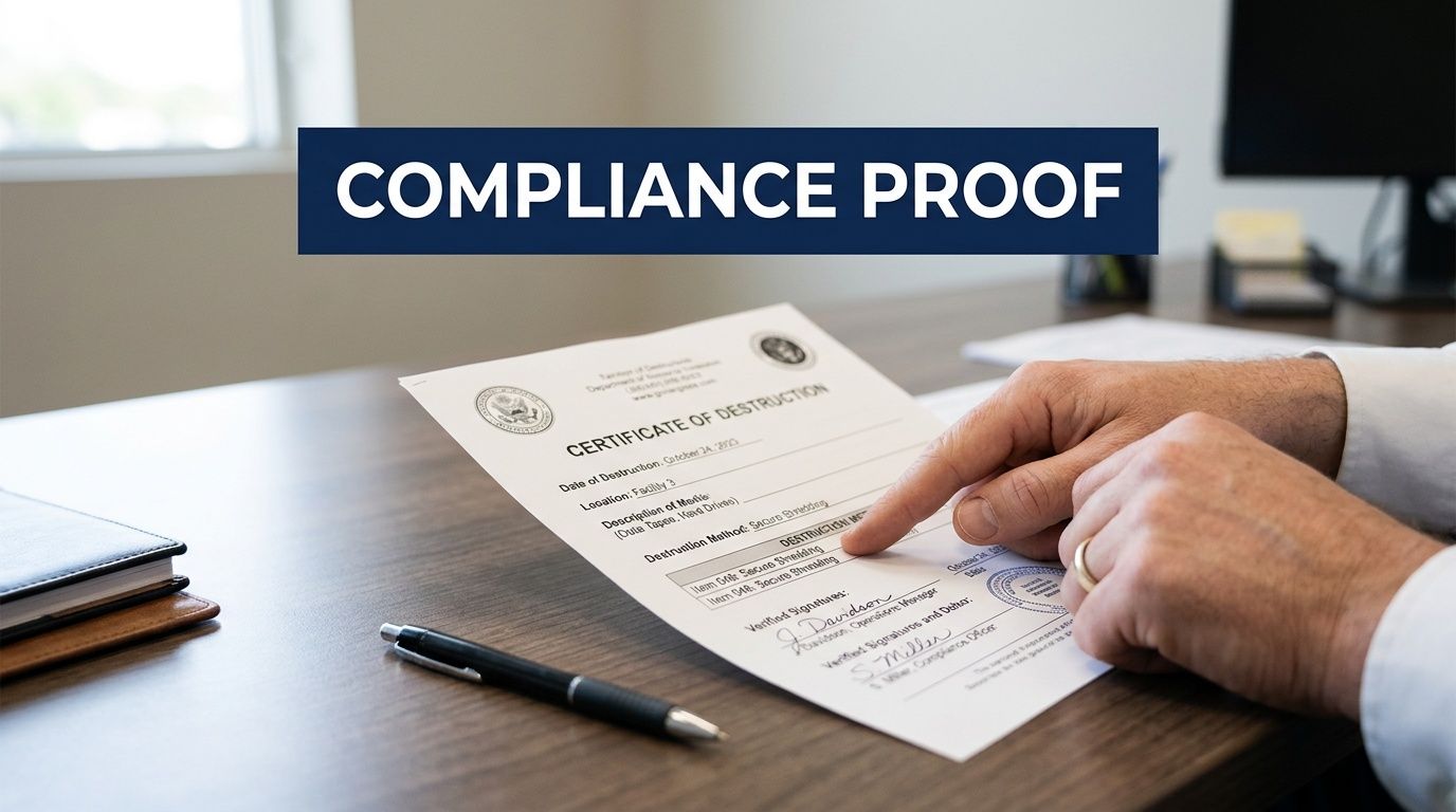 A professional holding a signed certificate of destruction on a wooden desk, emphasizing security and compliance.