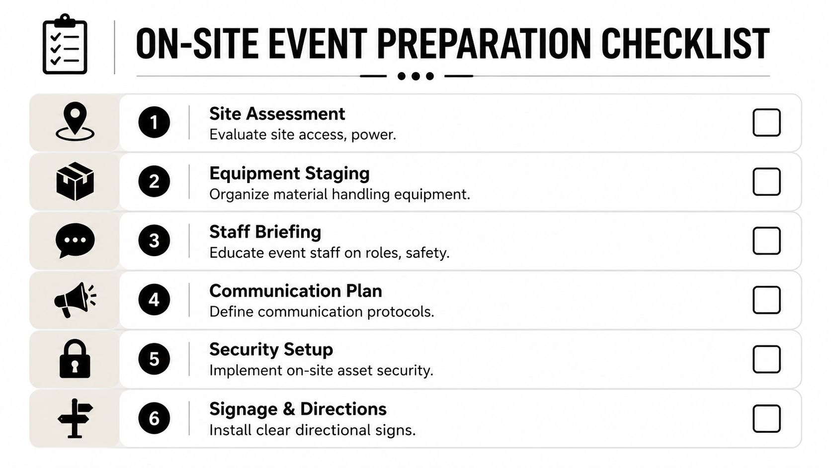 A structured checklist for preparing an on-site event, featuring six essential steps in a professional infographic.