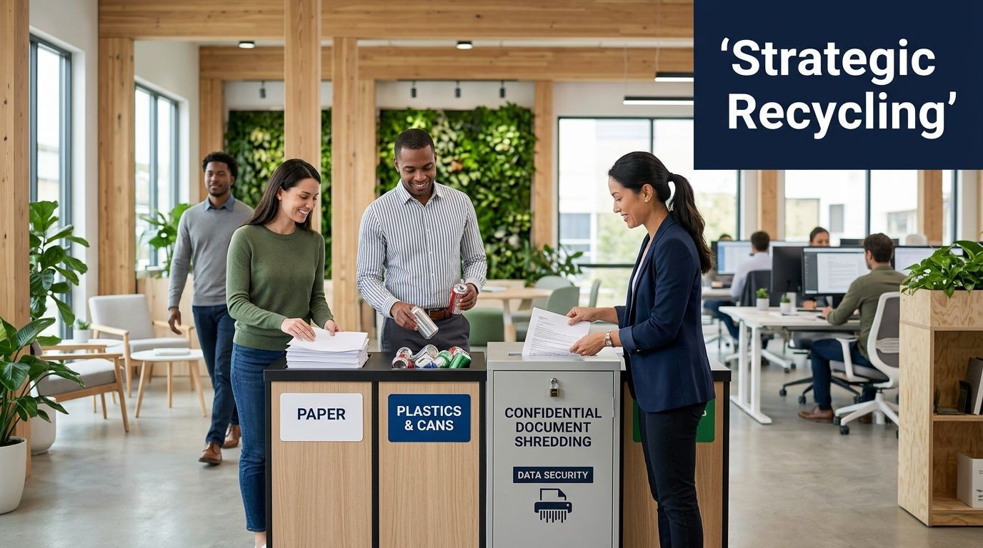 Diverse office workers using designated recycling bins to sort paper, plastics, cans, and confidential documents.
