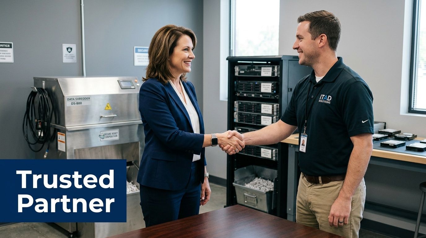 A professional woman in a suit shakes hands with an ITAD Solutions technician in an office.
