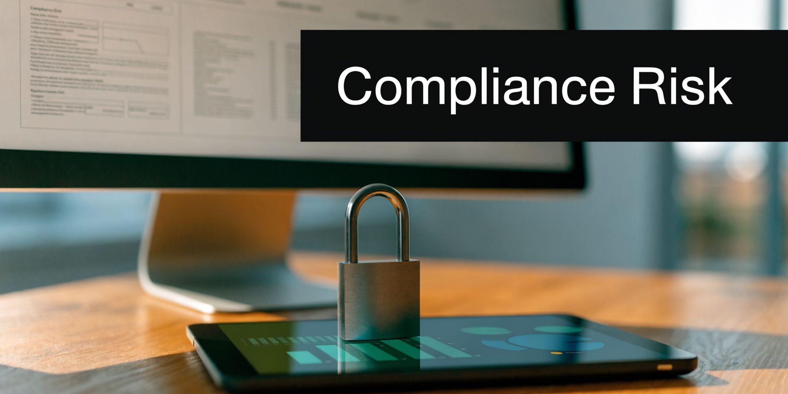 A metallic padlock sitting on a tablet displaying business charts with a computer screen in the background.